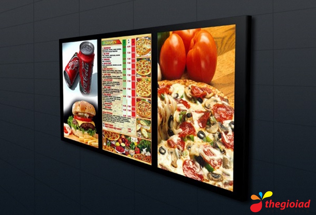 Các khung sáng đặt thành dãy với menu và hình món ăn
