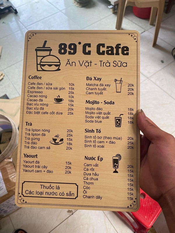 menu quán cà phê