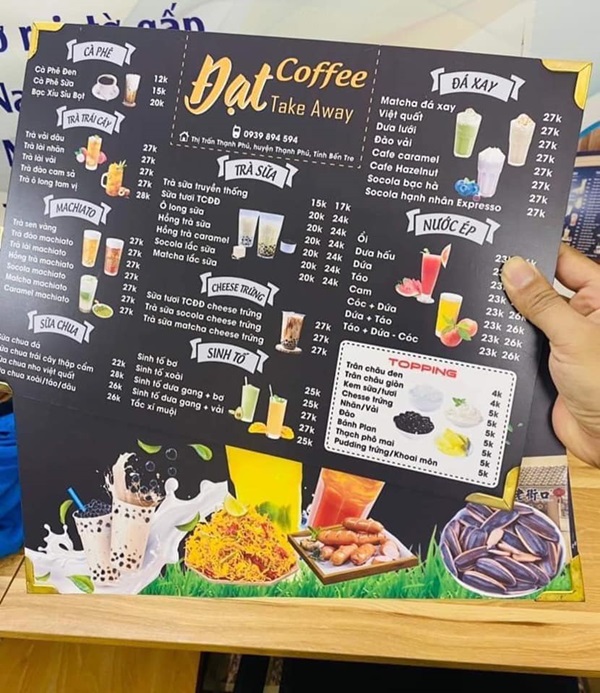 menu quán cà phê