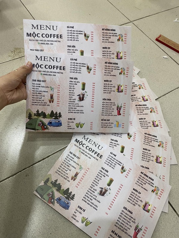 in menu quán cà phê