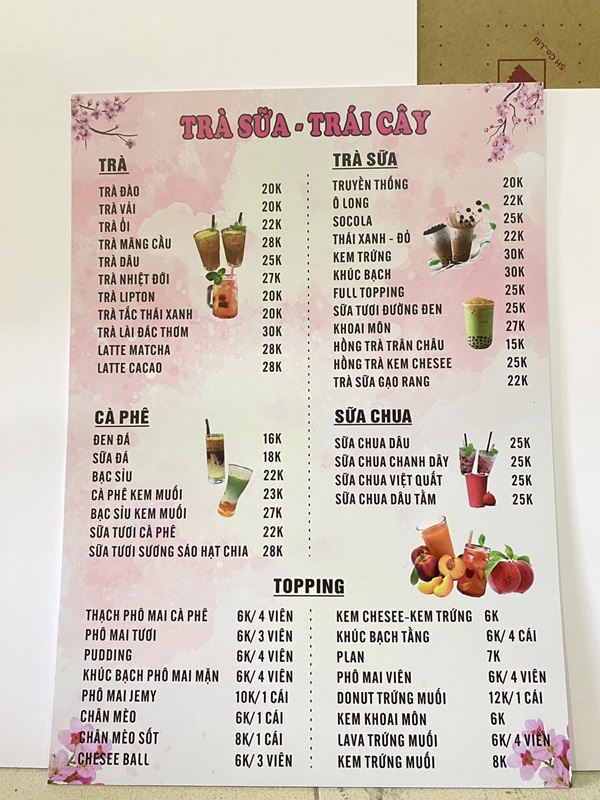menu trà sữa