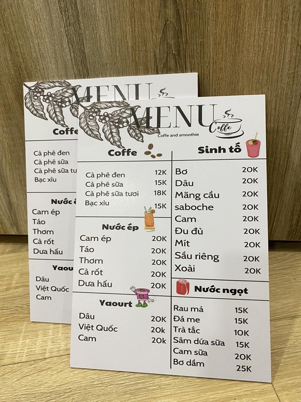 menu quán cafe